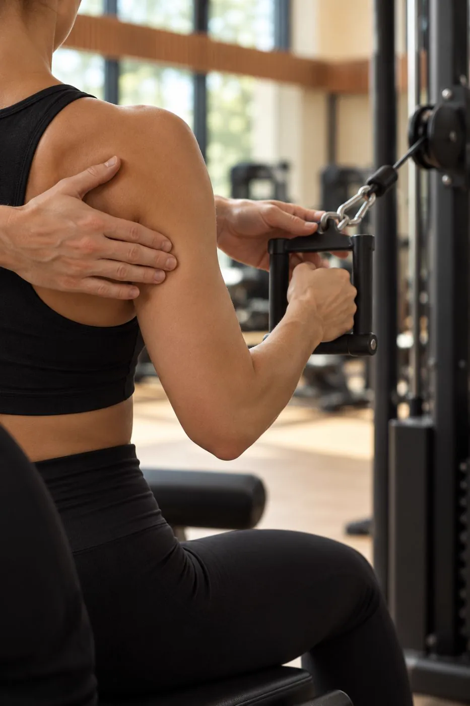 Un coach corrige la posture sur une machine à poulie